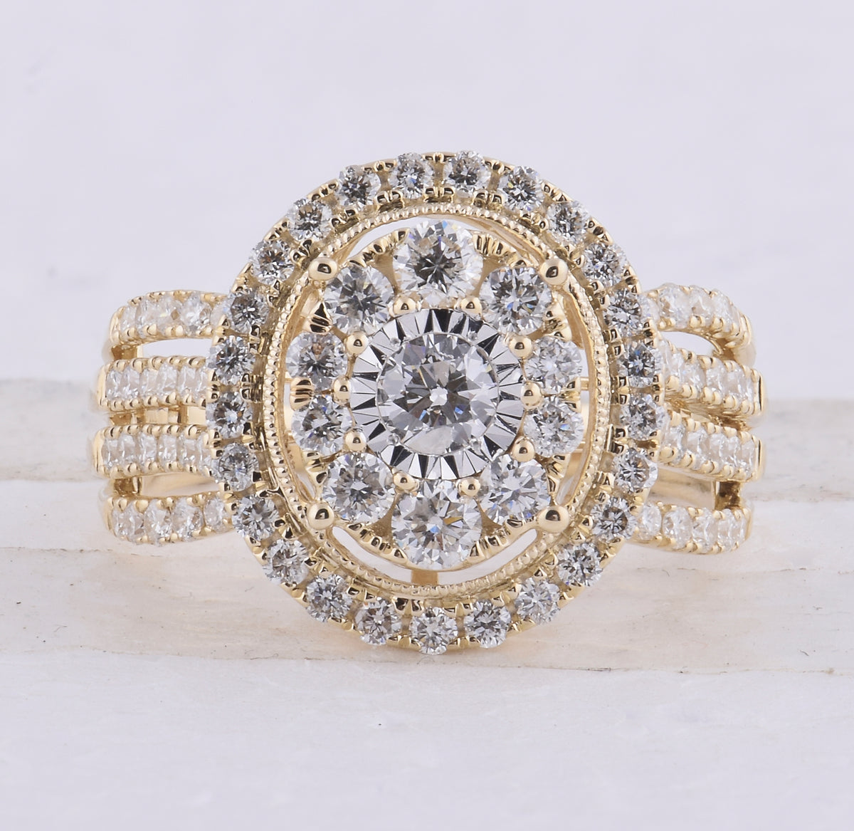 14kt Yellow Gold Womens Round Diamond Cluster Oval Bridal Wedding Engagement Ring 1-1/2 Cttw