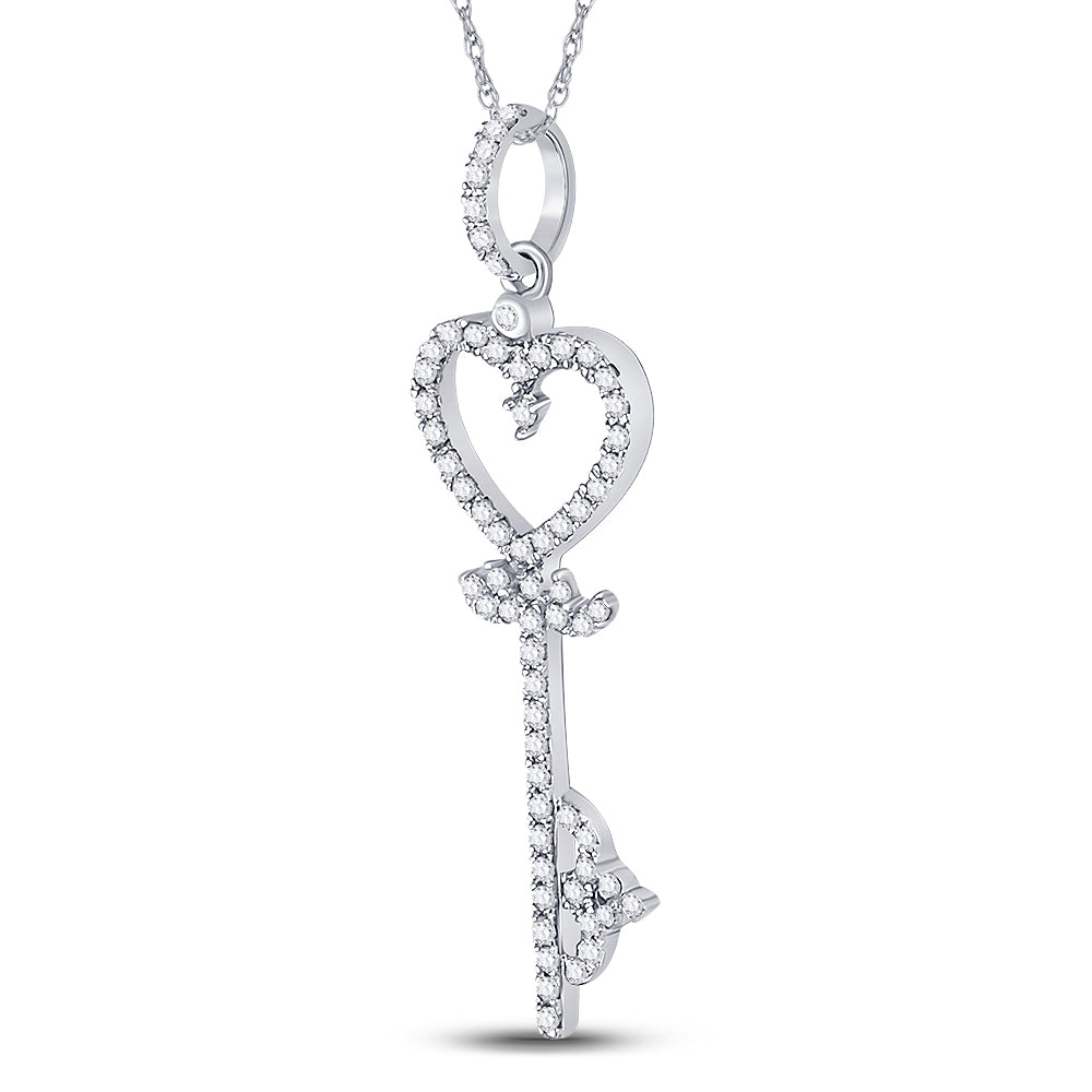 10K White Gold Womens Round Natural Diamond Key Heart Pendant 1/5 CTW 0.72 Gram