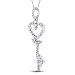 10K White Gold Womens Round Natural Diamond Key Heart Pendant 1/5 CTW 0.72 Gram