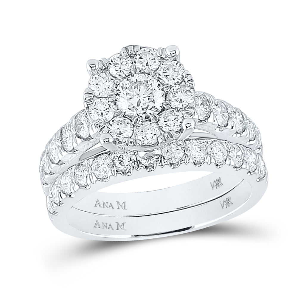 14K White Gold Womens Round Natural Diamond Bridal Wedding Engagement Ring Band Set 2.00 CTW (Certified) 6.5 Gram