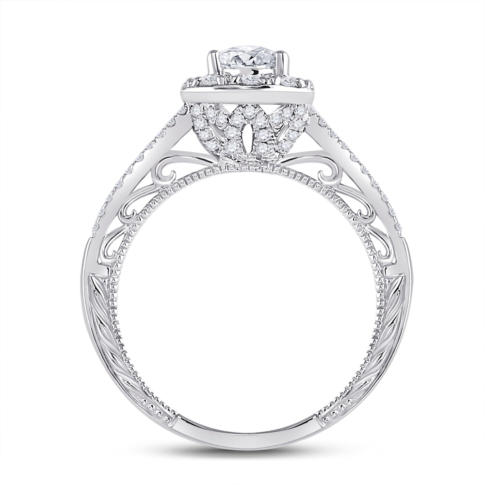 14kt White Gold Womens Pear Diamond Halo Bridal Wedding Engagement Ring 1.00 Cttw (Certified)