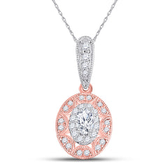 14kt Two-tone Gold Womens Oval Diamond Vintage Inspired Halo Pendant 3/8 Cttw