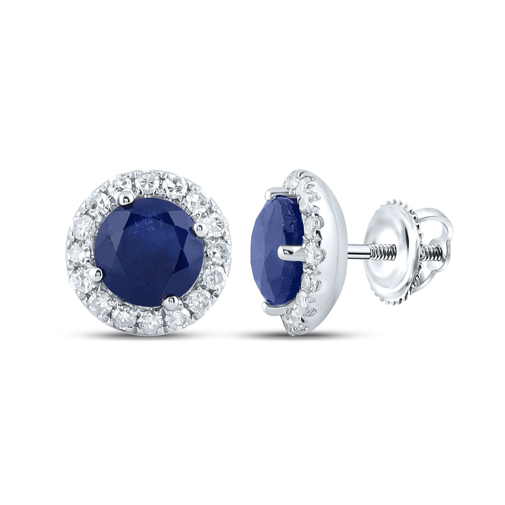 14kt White Gold Womens Round Blue Sapphire Solitaire Halo Earrings 1-1/3 Cttw