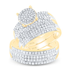 14kt Yellow Gold His Hers Round Diamond Cluster Matching Bridal Wedding Ring Band Set 1-1/3 Cttw