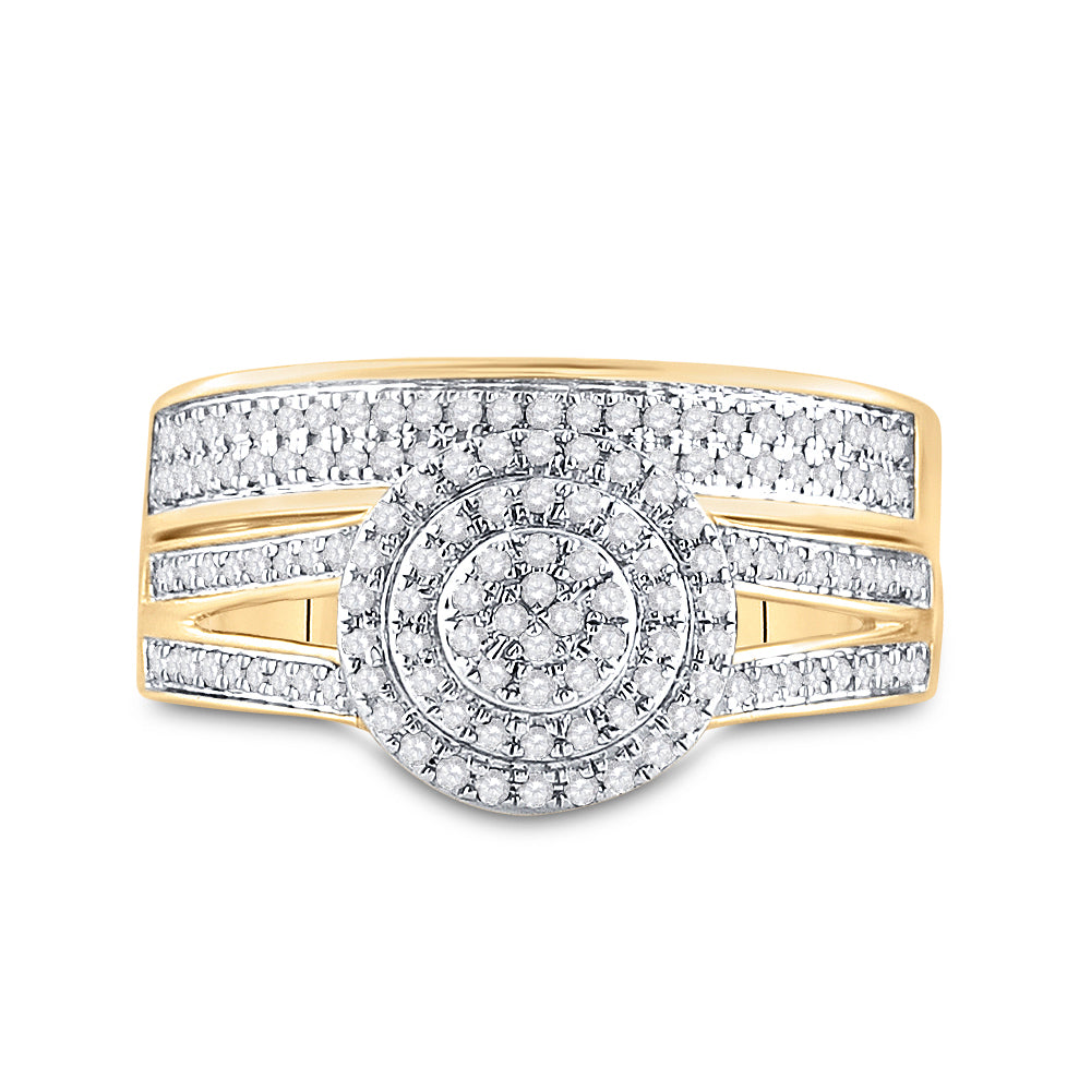 14kt Yellow Gold His Hers Round Diamond Cluster Matching Bridal Wedding Ring Band Set 3/4 Cttw