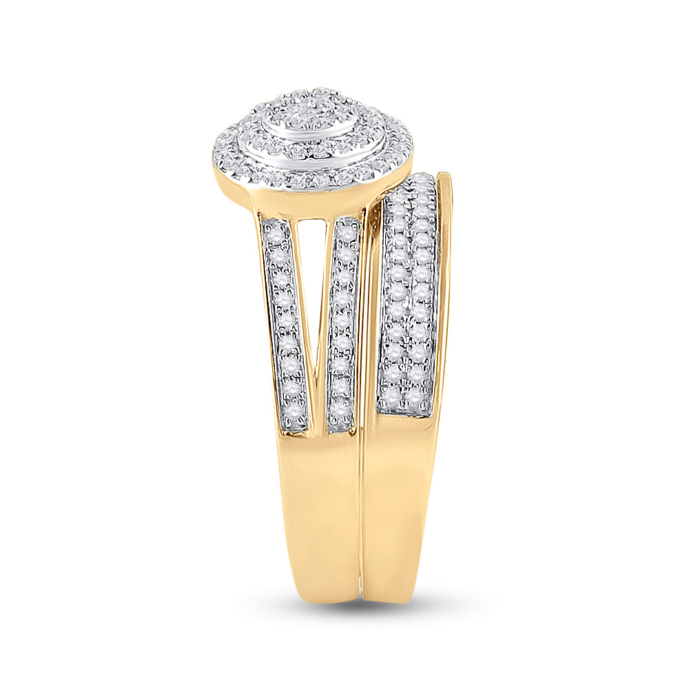 14kt Yellow Gold His Hers Round Diamond Cluster Matching Bridal Wedding Ring Band Set 3/4 Cttw