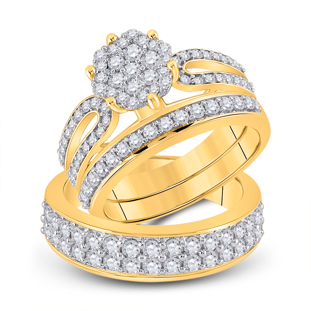 14kt Yellow Gold His Hers Round Diamond Cluster Matching Bridal Wedding Ring Band Set 1-3/4 Cttw