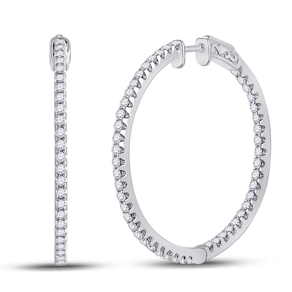 14kt White Gold Womens Round Diamond Slender Single Row Hoop Earrings 1-1/2 Cttw