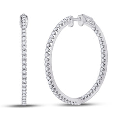 14kt White Gold Womens Round Diamond Slender Single Row Hoop Earrings 1-1/2 Cttw