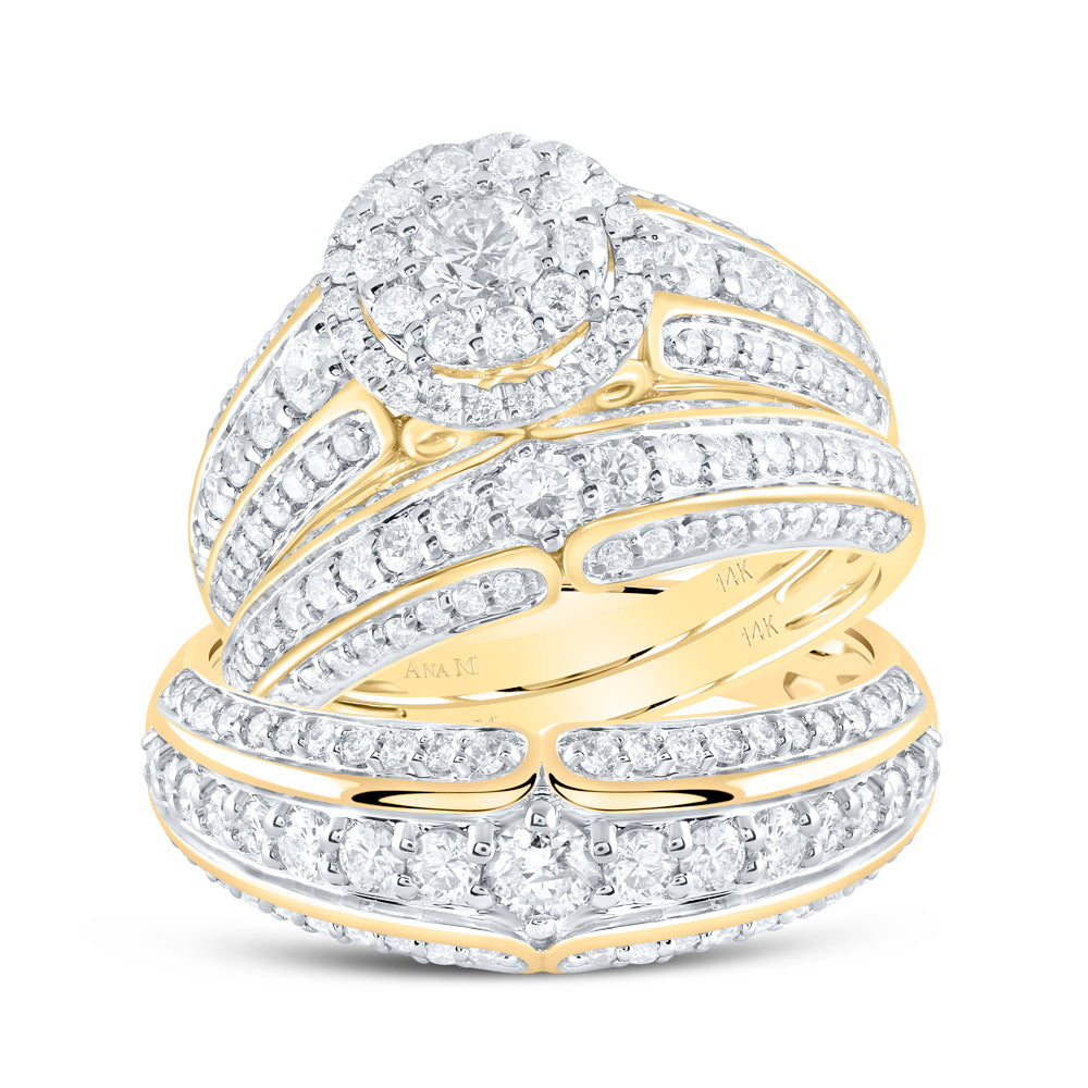 14kt Yellow Gold His Hers Round Diamond Halo Matching Bridal Wedding Ring Band Set 2-1/3 Cttw (Certified)