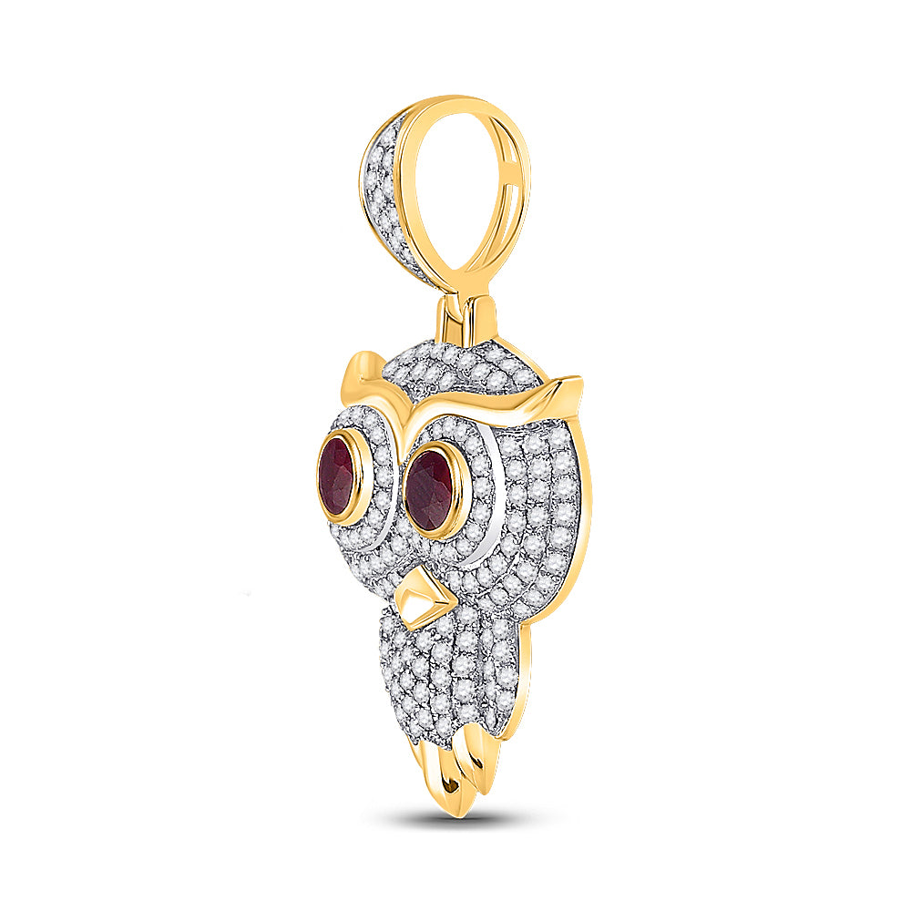 10kt Yellow Gold Mens Round Ruby Diamond Owl Bird Charm Pendant 2-5/8 Cttw