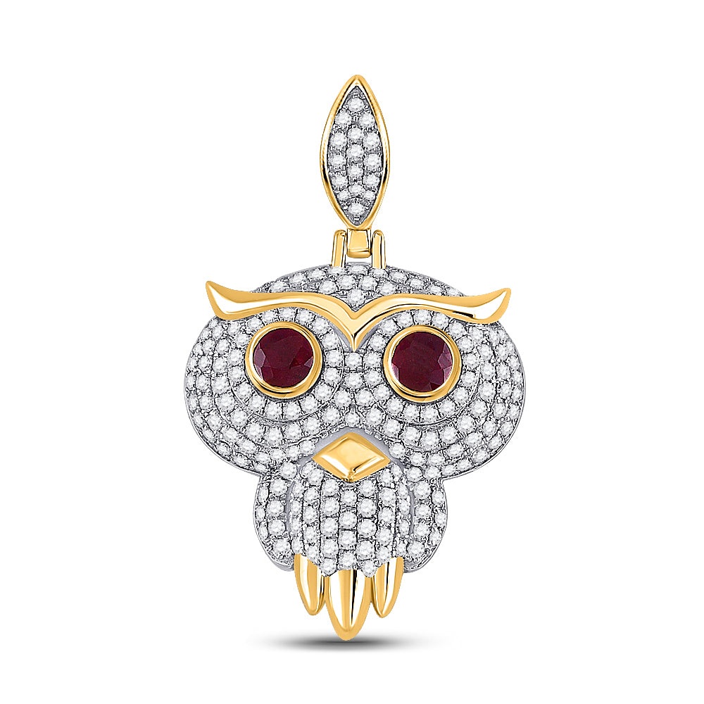 10kt Yellow Gold Mens Round Ruby Diamond Owl Bird Charm Pendant 2-5/8 Cttw