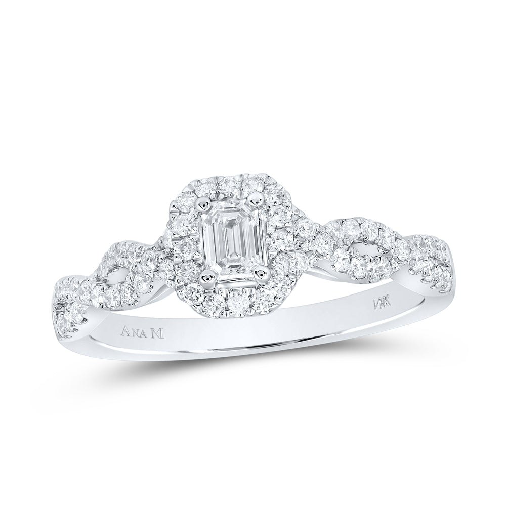14K White Gold 5/8 CTW-Natural Diamond 1/4 Ct-Eme Engagement Single Halo 3.49 Gram