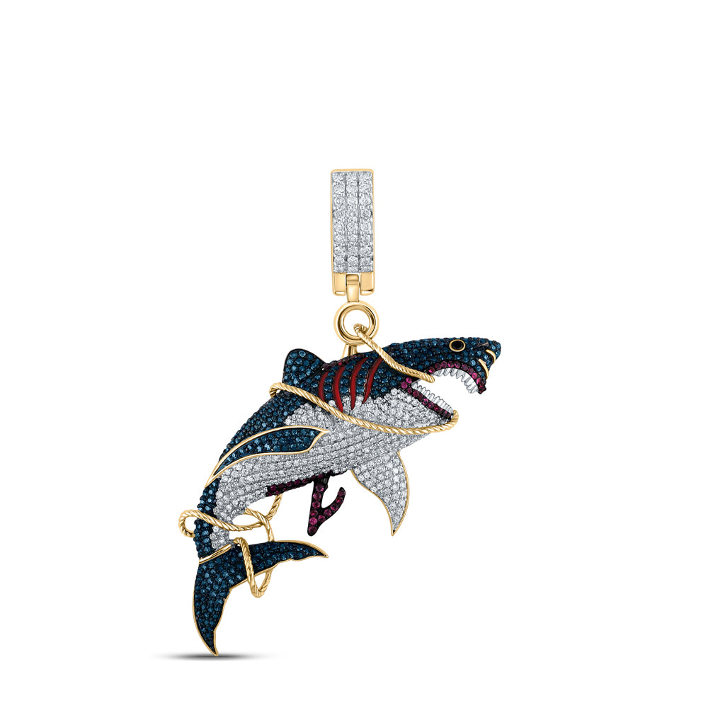 14K Yellow Gold 1 1/2 CTW-Natural Diamond 1/5 Rd Ruby Shark Mens Charm 10.93 Gram