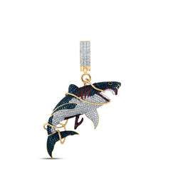 14K Yellow Gold 1 1/2 CTW-Natural Diamond 1/5 Rd Ruby Shark Mens Charm 10.93 Gram