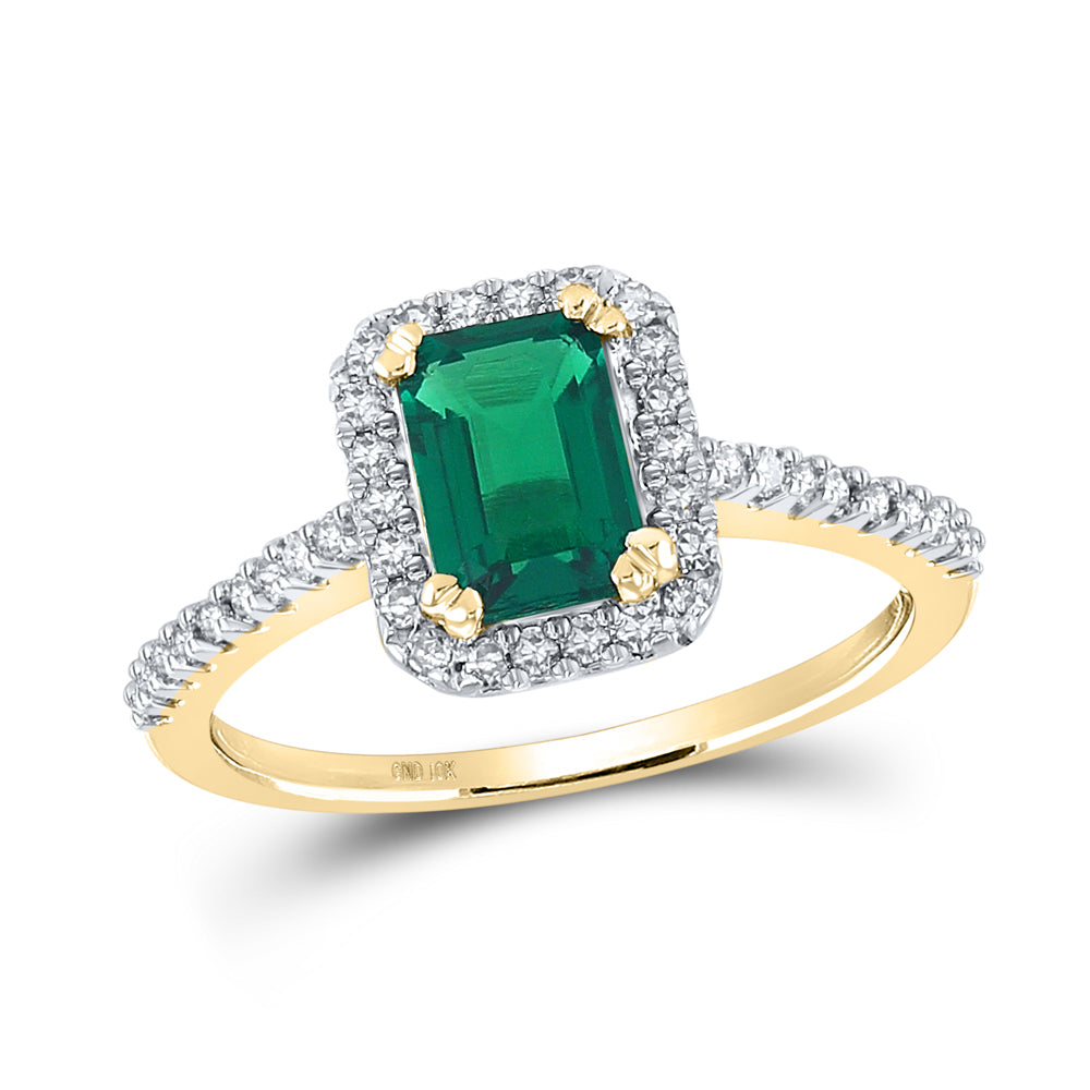 10K Yellow Gold 1/4 CTW-Natural Diamond 7/8 Ct-Em Synthetic Gemstone Ring 1.89 Gram