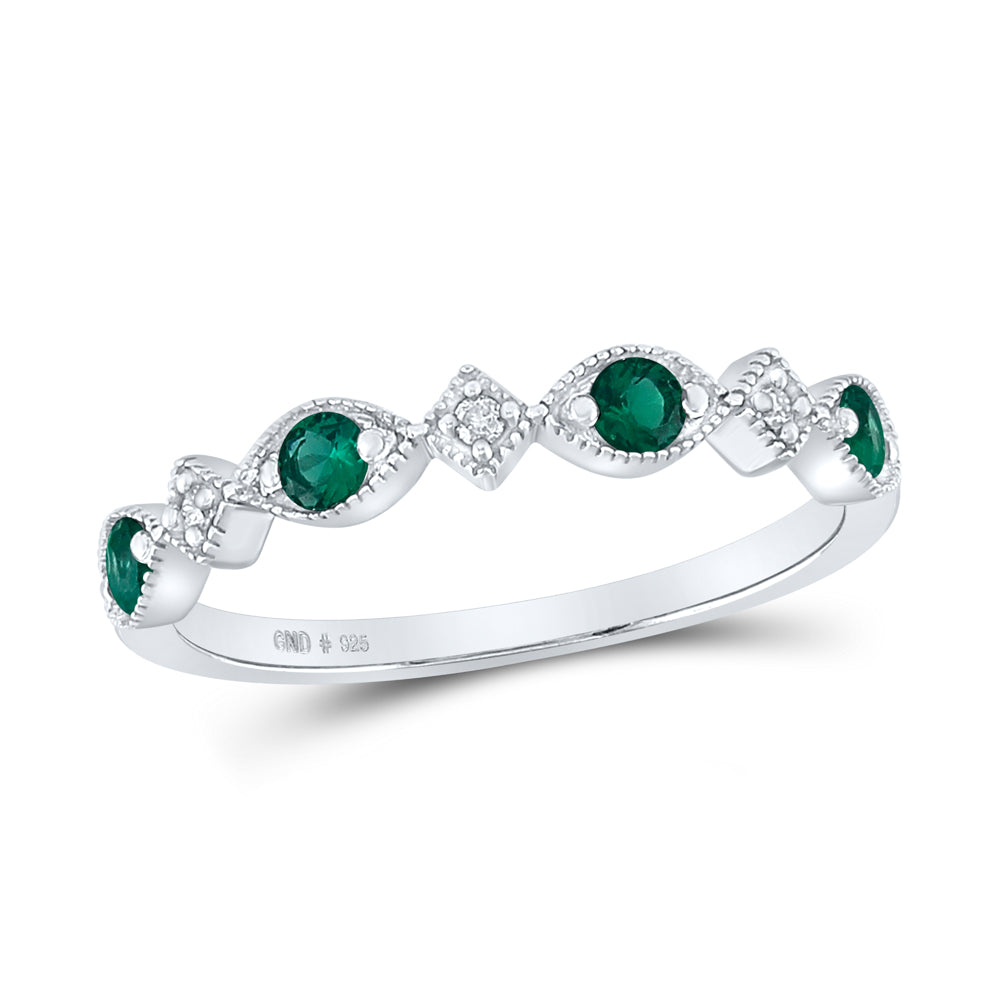 Sterling Silver 0.03 CTW-Natural Diamond 1/4 Ct-Em Synthetic Gemstone Ring 1.44 Gram