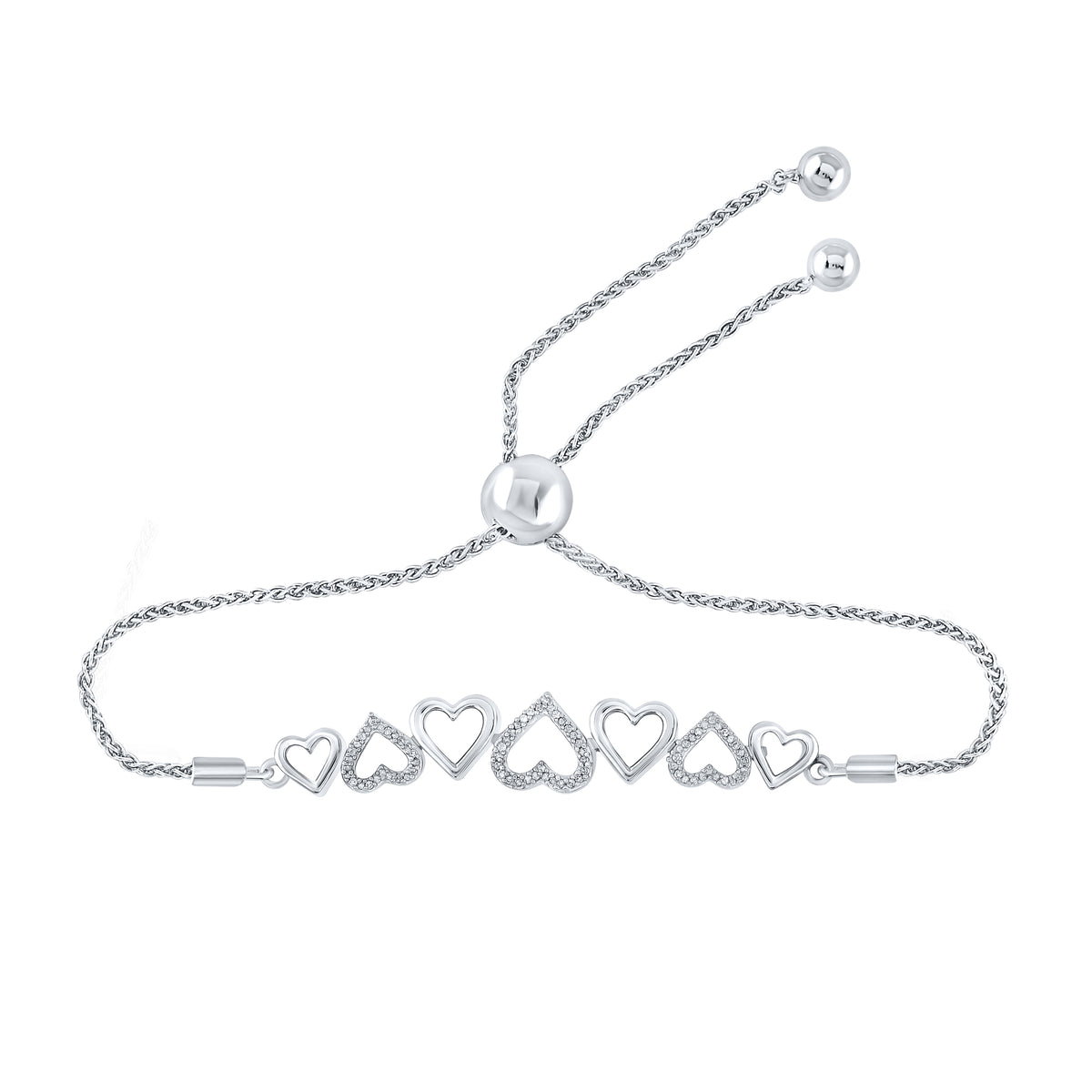 Sterling Silver 1/10 CTW-Natural Diamond Heart Gift Bolo Bracelet (9.50 Inch ) 2.69 Gram