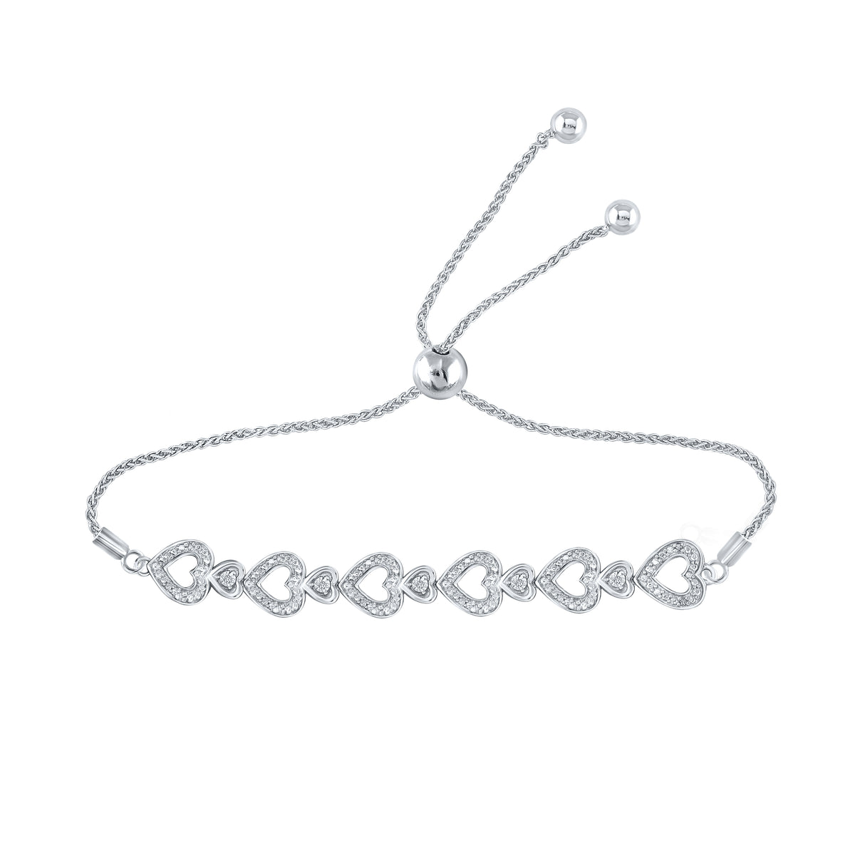 Sterling Silver 1/20 CTW-Natural Diamond Heart Gift Bolo Bracelet (Inch 9.50) 4.62 Gram