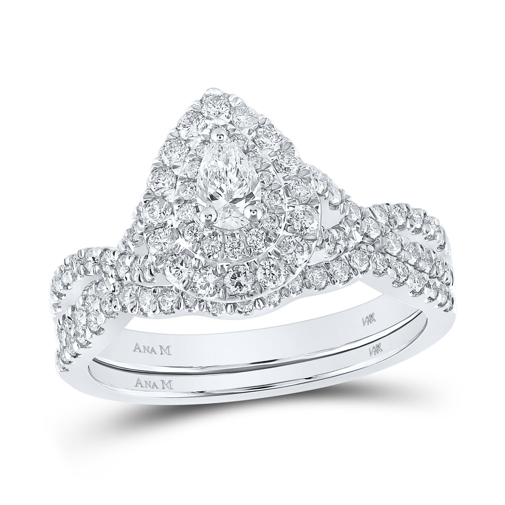 14K White Gold 1 CTW-Natural Diamond 1/5 Ct-Cpear Bridal Set Double Halo 5.19 Gram