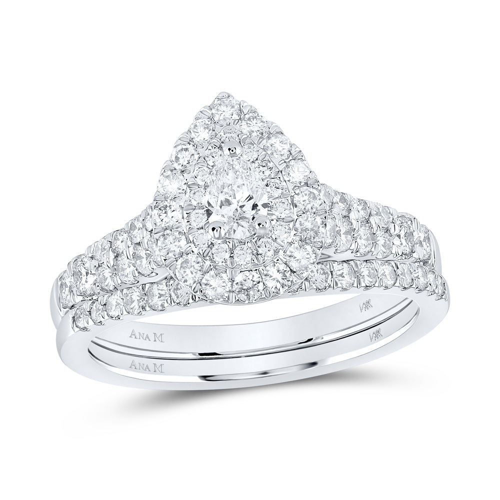 14K White Gold 1 CTW-Natural Diamond 1/5 Ct-Cpear Bridal Set Double Halo 5.16 Gram