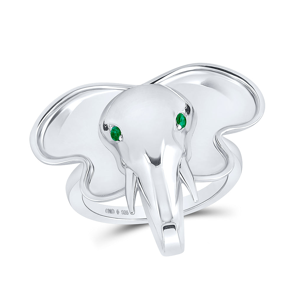 Sterling Silver 0.03 CTW-Natural Diamond Emerald Natural Gem Elephant Ring 5.45 Gram