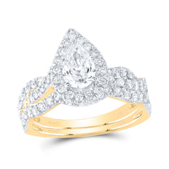 14K Yellow Gold 1 1/2 CTW-Natural Diamond 3/4 Ct-Cpear Bridal Set 1 Halo 5 Gram
