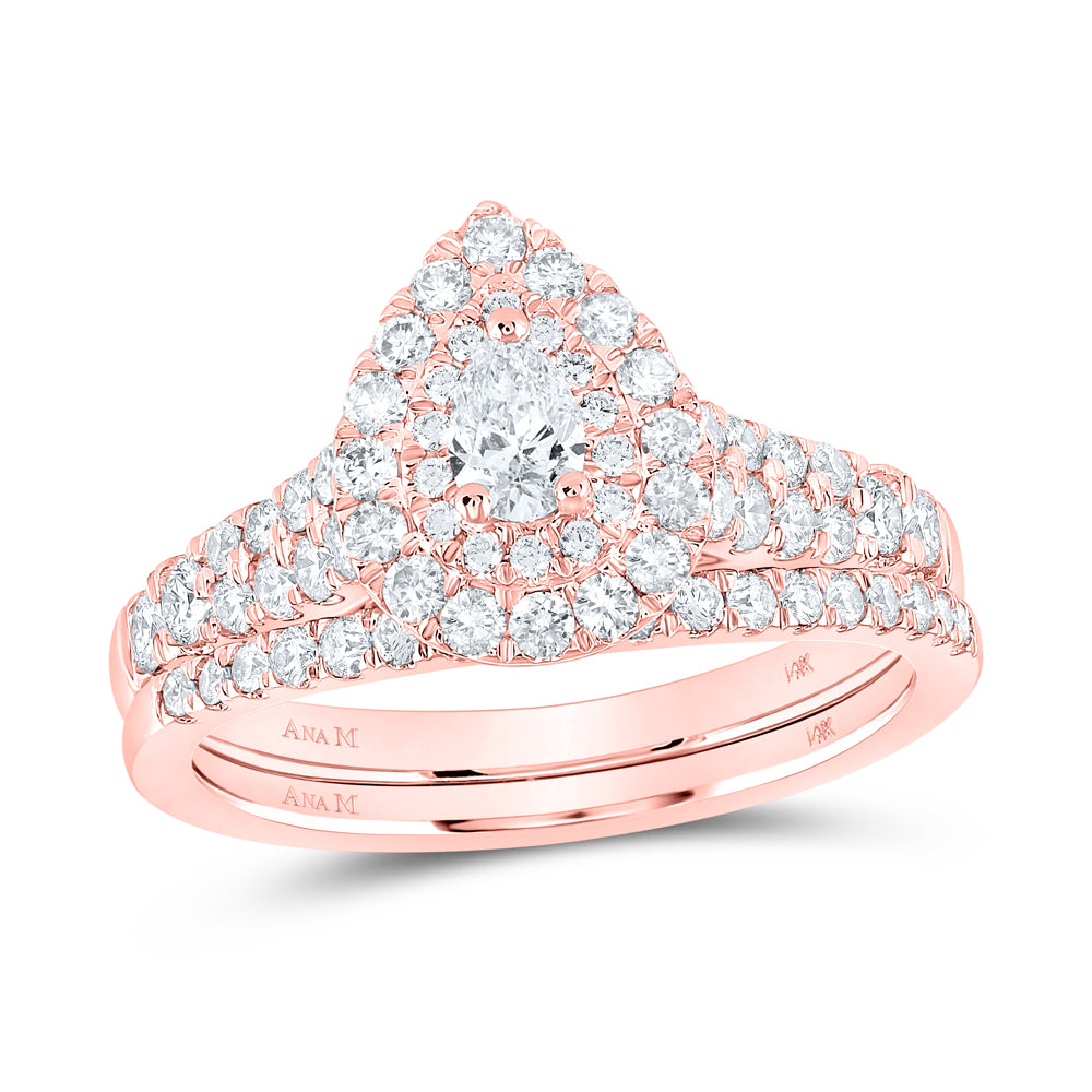 14K Rose Gold 1 CTW-Natural Diamond 1/5 Ct-Cpear Bridal Set Double Halo 5.3 Gram