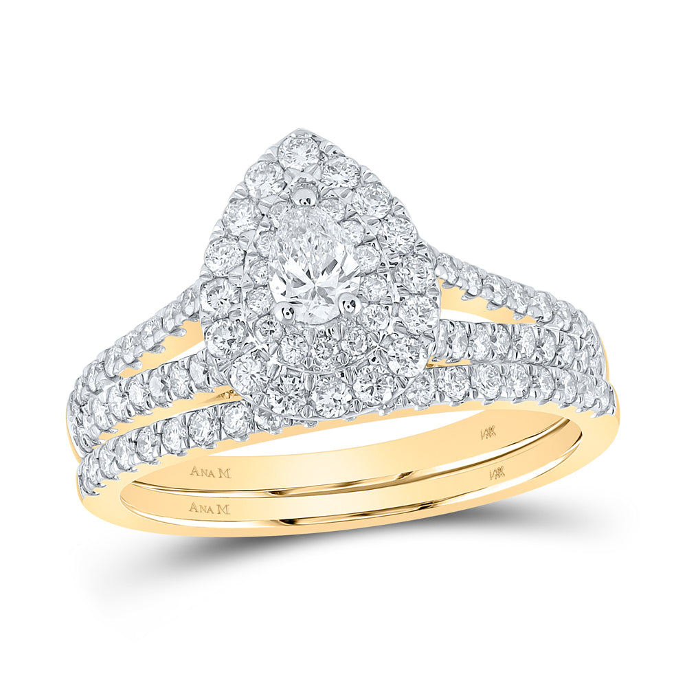 14K Yellow Gold 1 CTW-Natural Diamond 1/5 Ct-Cpear Bridal Set Double Halo 4.96 Gram