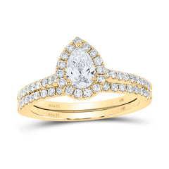 14K Yellow Gold 1 CTW-Natural Diamond 1/2 Ct-Cpear Bridal Set Single Halo 3.68 Gram