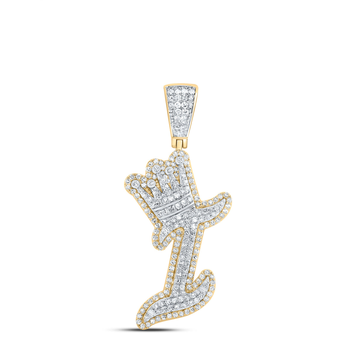 10K Yellow Gold 1 CTW-Natural Diamond Initial "I" Crown Mens Pendant 5.85 Gram