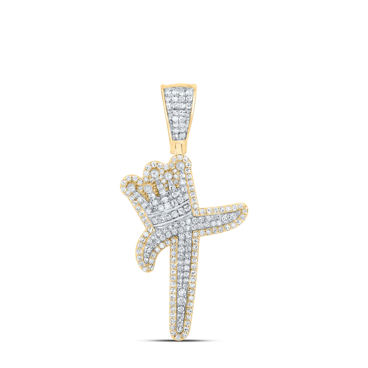10K Yellow Gold 1 CTW-Natural Diamond Initial "T" Crown Mens Pendant 5.48 Gram
