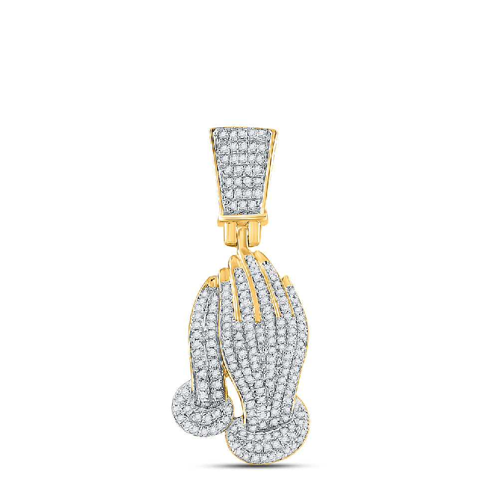 14K Yellow Gold 3/8 CTW-Natural Diamond Mens Praying Hands Charm 2.4 Gram