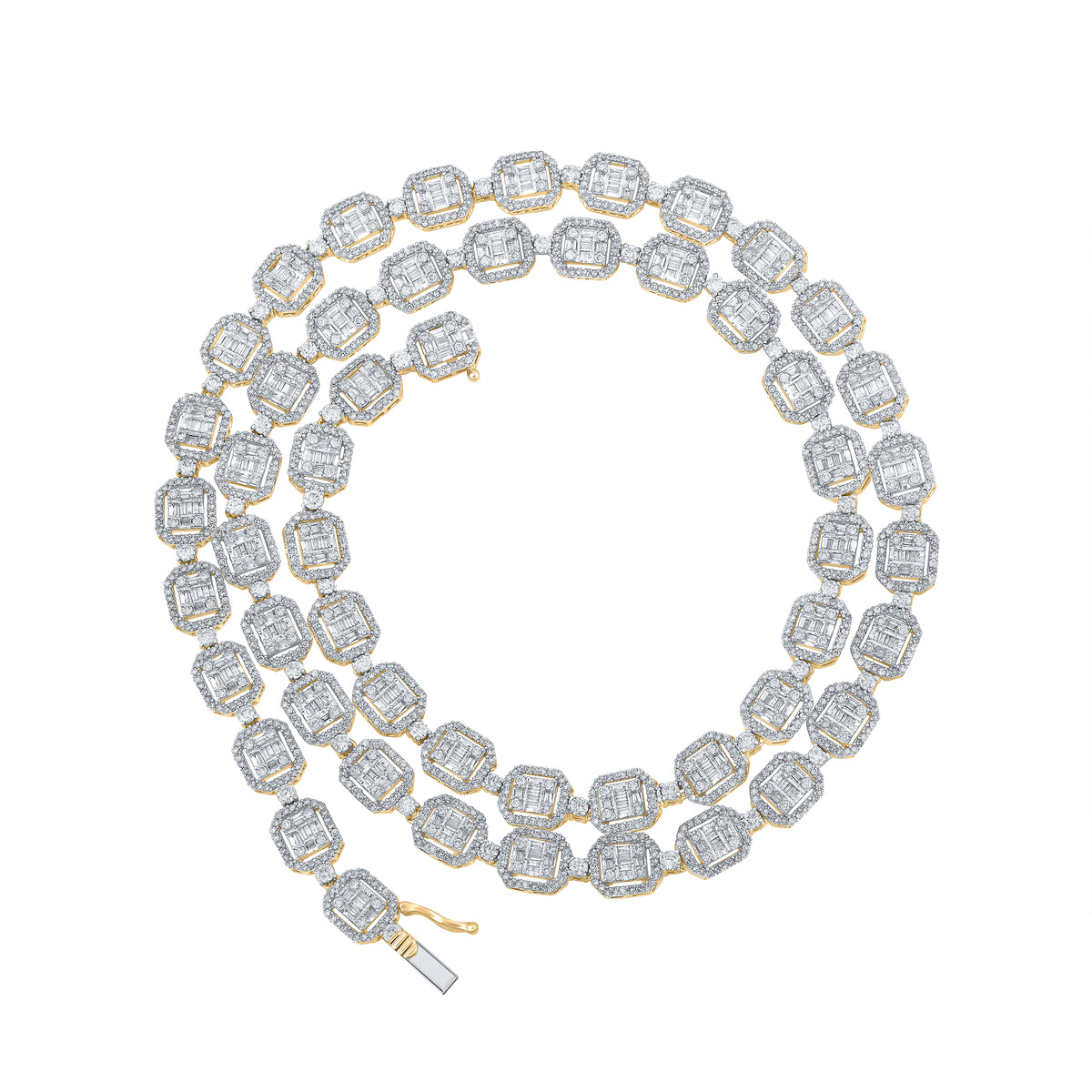 14K Yellow Gold 12 1/3 CTW-Natural Diamond (8.40MM) Square Baguette Mens Chain -24 Inch 44.31 Gram