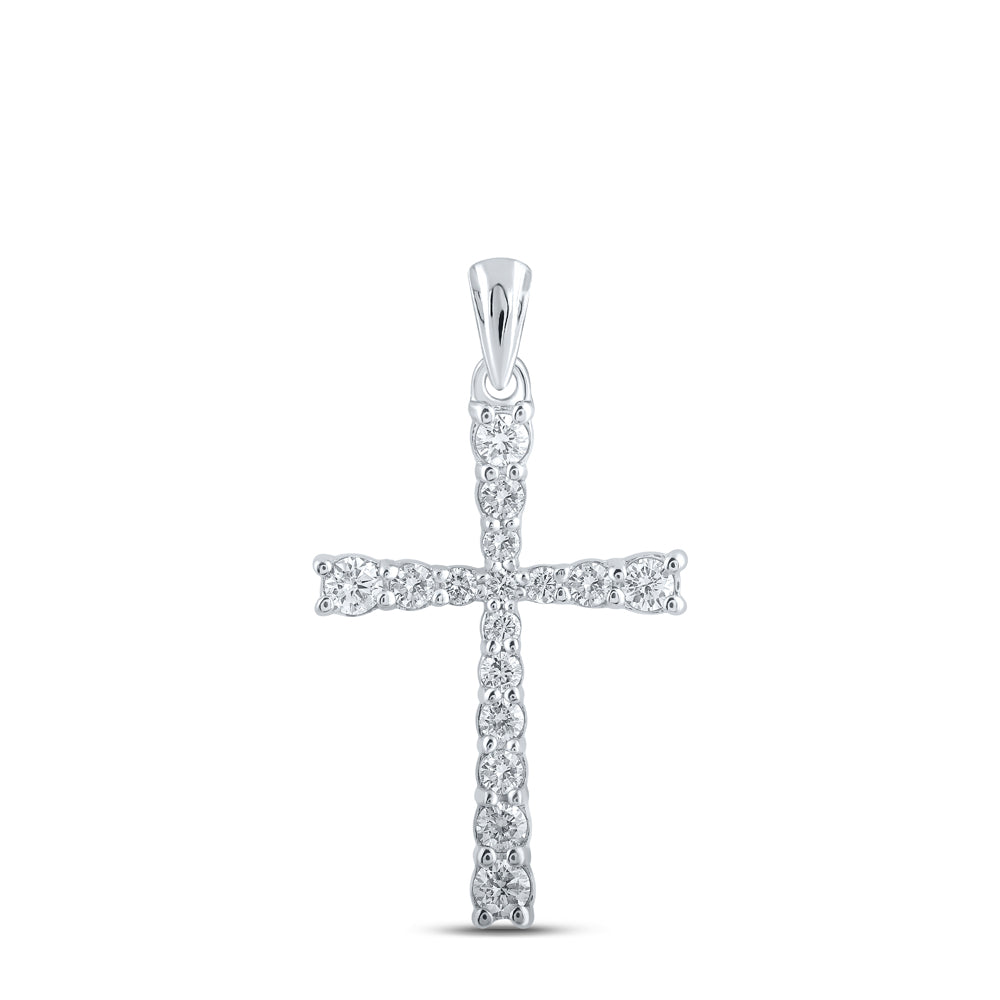 10K White Gold 3/8 CTW-Natural Diamond Cross Pendant 0.9 Gram