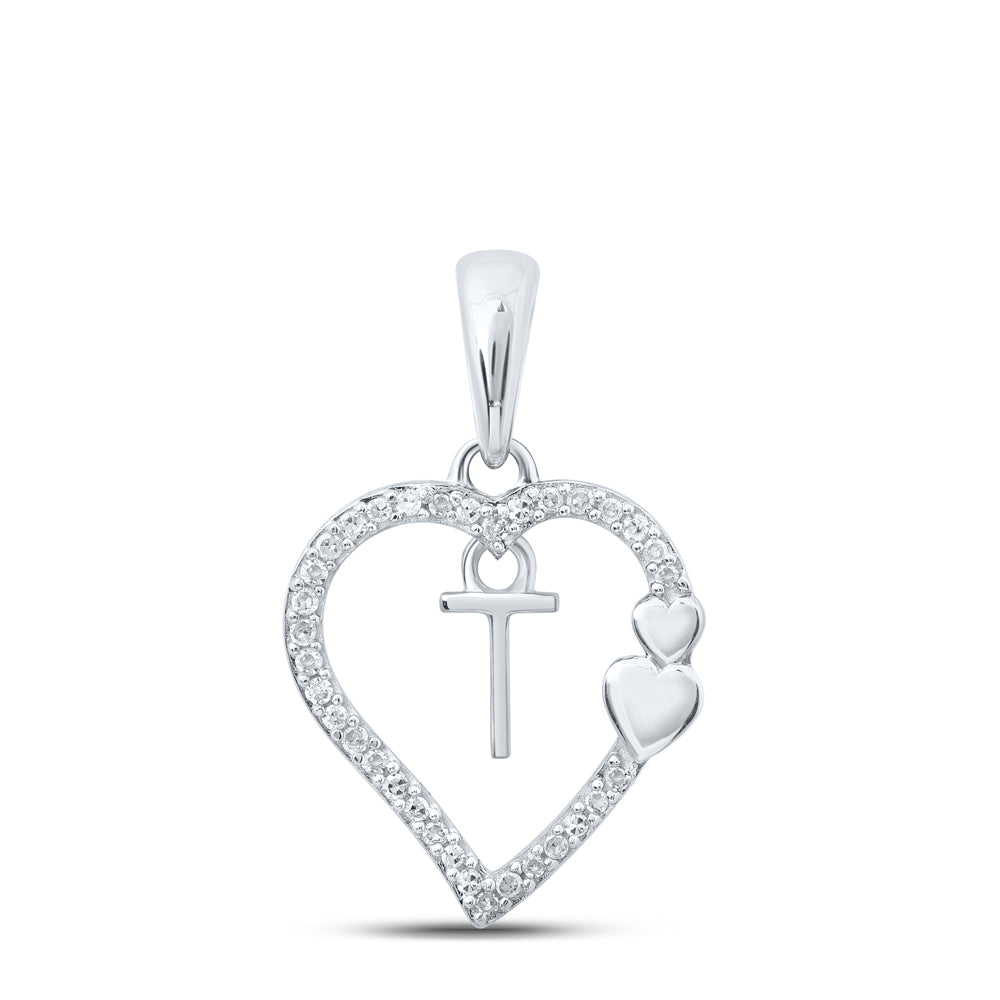 10K White Gold 1/10 CTW-Natural Diamond Gift Heart Initial "T" Pendant 1.18 Gram