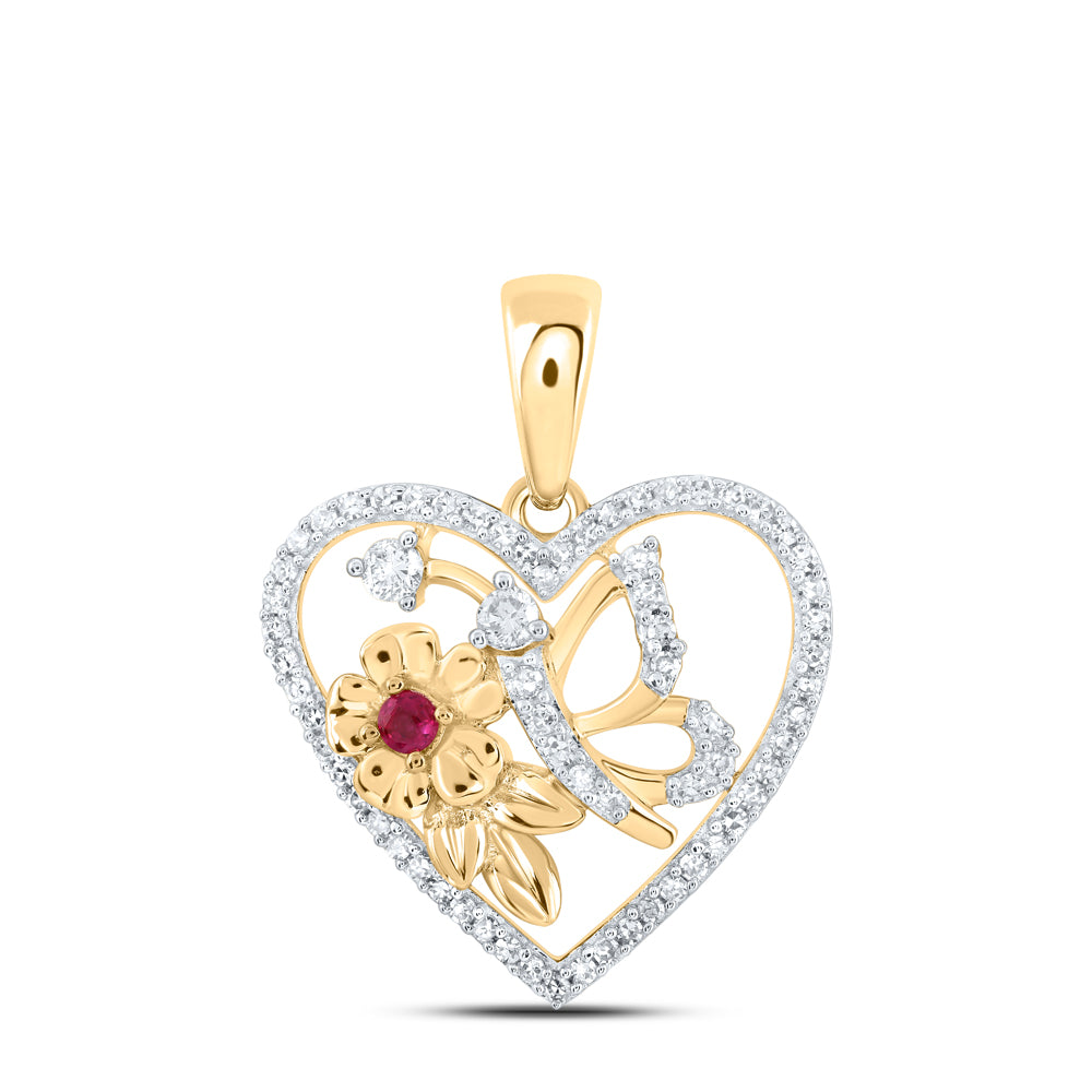 10K Yellow Gold 1/5 CTW-Natural Diamond 0.03 Ct-Ruby Heart Butterfly Pendant 2.46 Gram