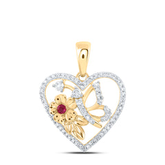 10K Yellow Gold 1/5 CTW-Natural Diamond 0.03 Ct-Ruby Heart Butterfly Pendant 2.46 Gram