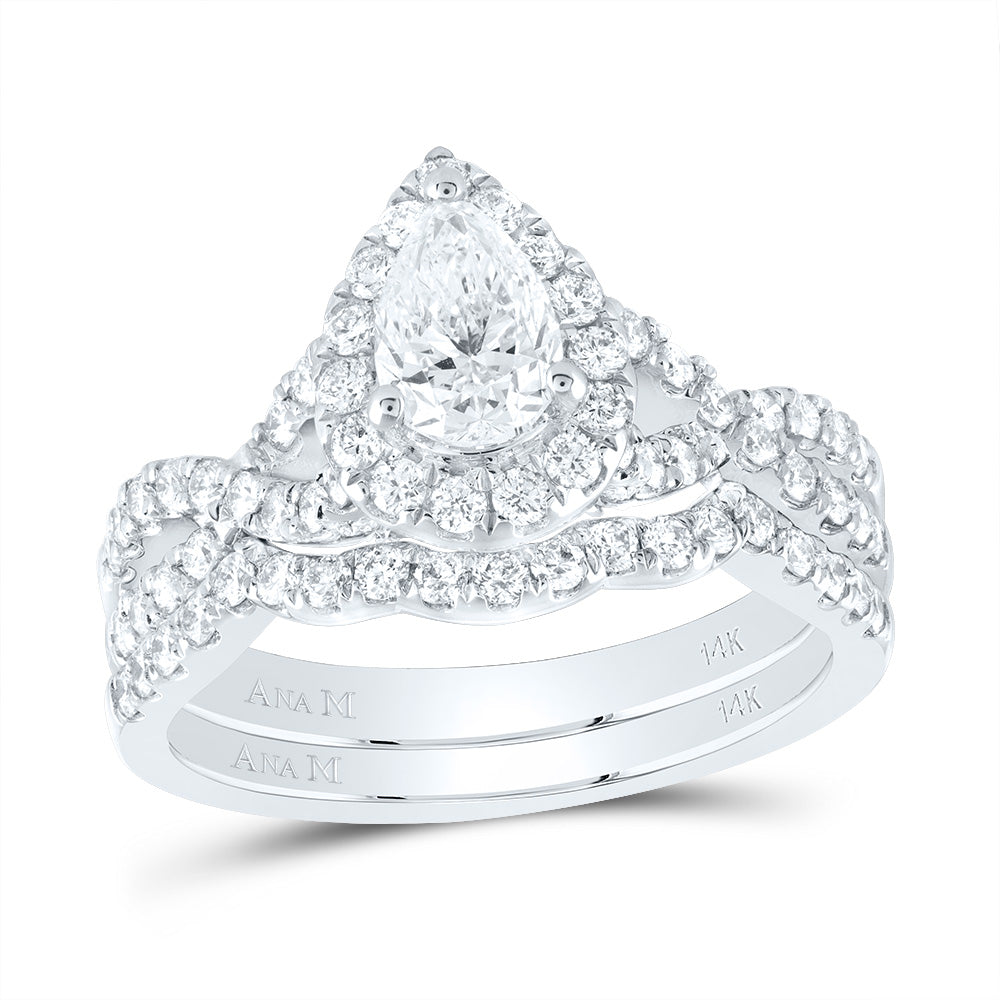 14K White Gold 1 1/2 CTW-Natural Diamond 3/4 Ct-Cpear Bridal Set 1 Halo 5.79 Gram