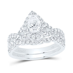 14K White Gold 1 1/2 CTW-Natural Diamond 3/4 Ct-Cpear Bridal Set 1 Halo 5.79 Gram