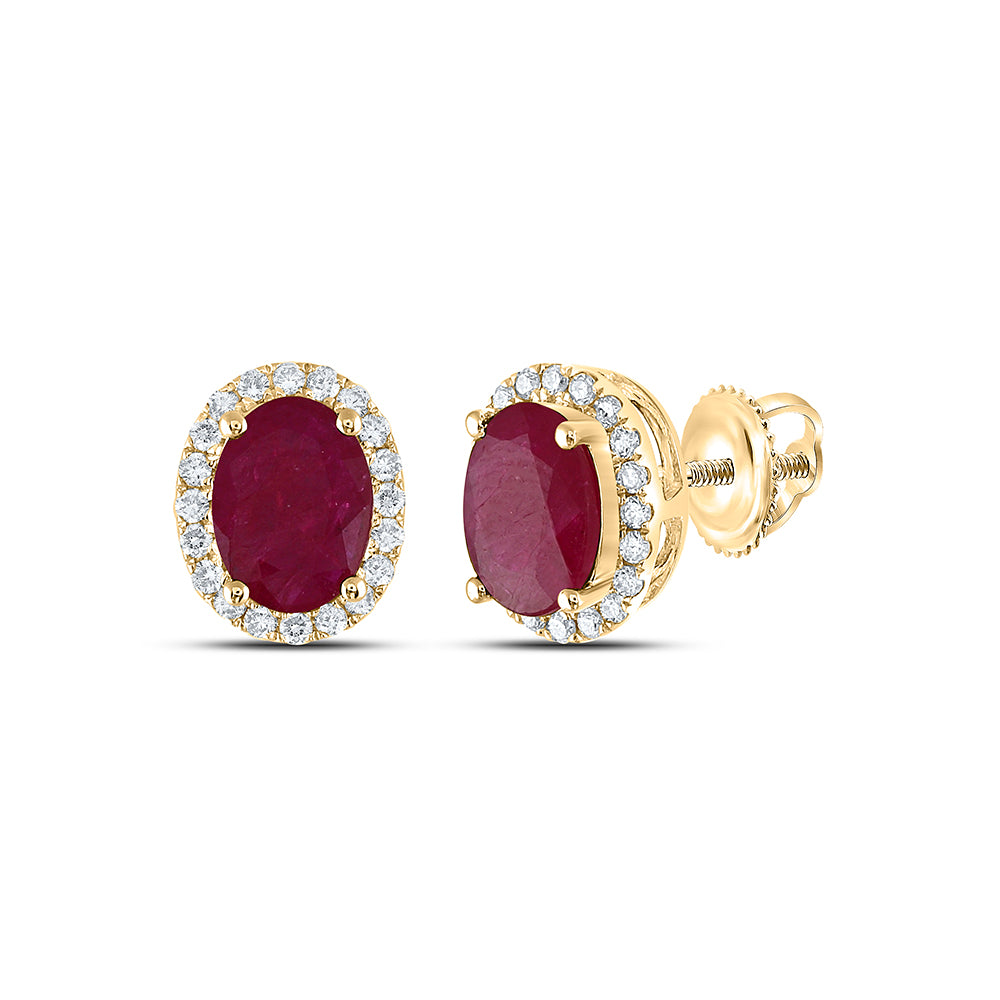 14K Yellow Gold 1/5 CTW-Natural Diamond 7X5MM-Ruby Natural Gemstone Oval Earring 3.75 Gram