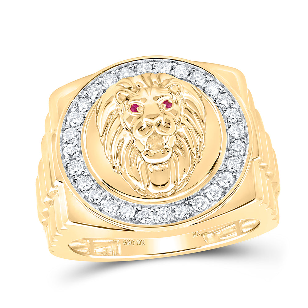 1/2CTW-DIA NK 0.01CT-RUBY LION FACE MENS RING