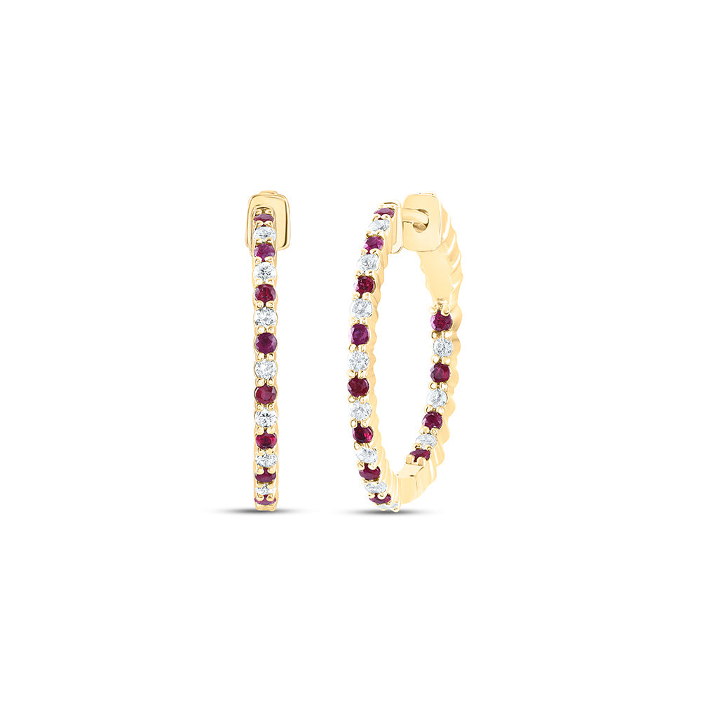 14K Yellow Gold 1/2 CTW-Natural Diamond 1/2 Ct-Ruby Natural Gem Hoop Earring 6.91 Gram