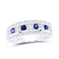 14K White Gold 5/8 CTW-Natural Diamonde 3/8 CTW-Rd-Sapp Natural Gemstone Anniversary Band 3.27 Gram