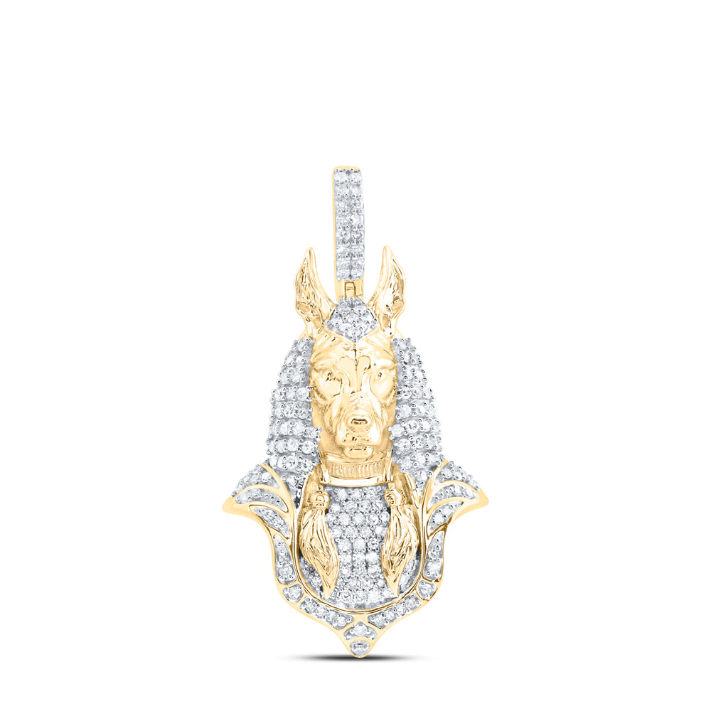 10K Yellow Gold 3/4 CTW- Natural Diamond Egyptian Anubis Mens Charm 5.80 Gram
