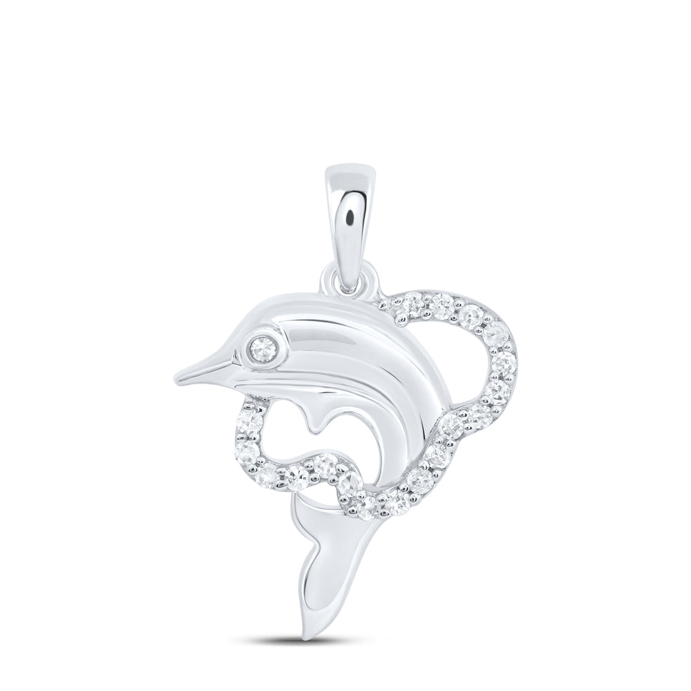 10K White Gold 1/10 CTW-Natural Diamond Gift Dolphin Pendant 1.37 Gram
