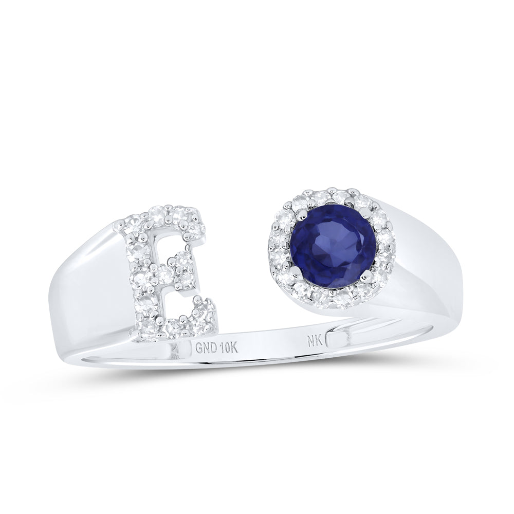 1/8CTW-DIA NK 4 MM RD-BS SYNTHETIC INITIAL "E" LADIES RING