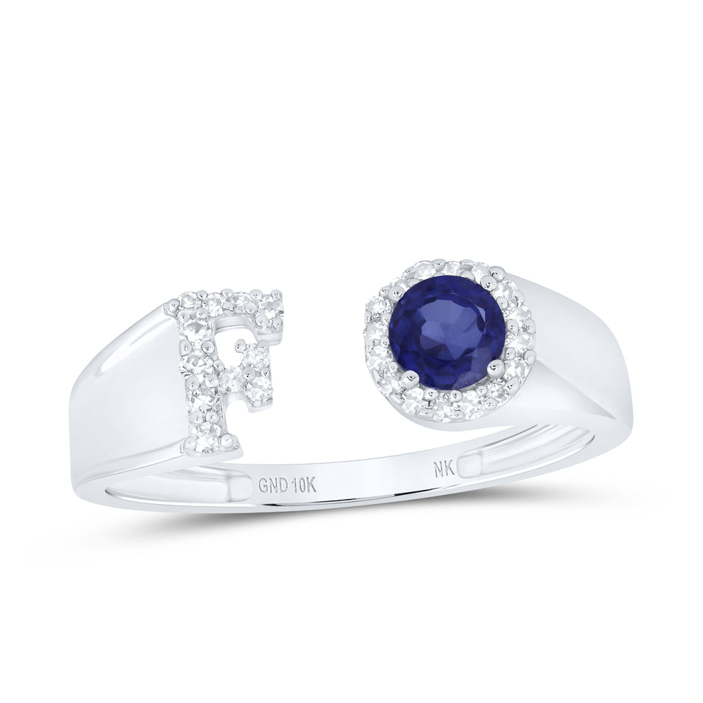 1/8CTW-DIA NK 4 MM RD-BS SYNTHETIC INITIAL "F" LADIES RING