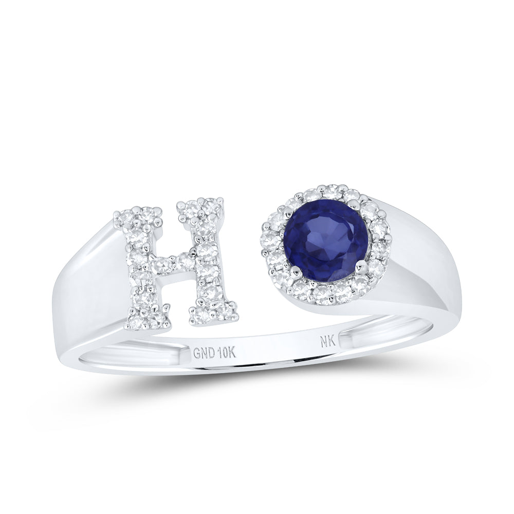 1/8CTW-DIA NK 4 MM RD-BS SYNTHETIC INITIAL "H" LADIES RING