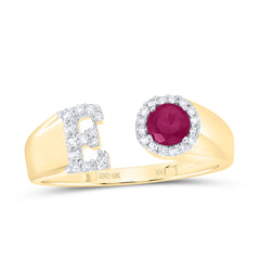 1/8CTW-DIA NK 4 MM RD-RU SYNTHETIC INITIAL  "E" LADIES RING